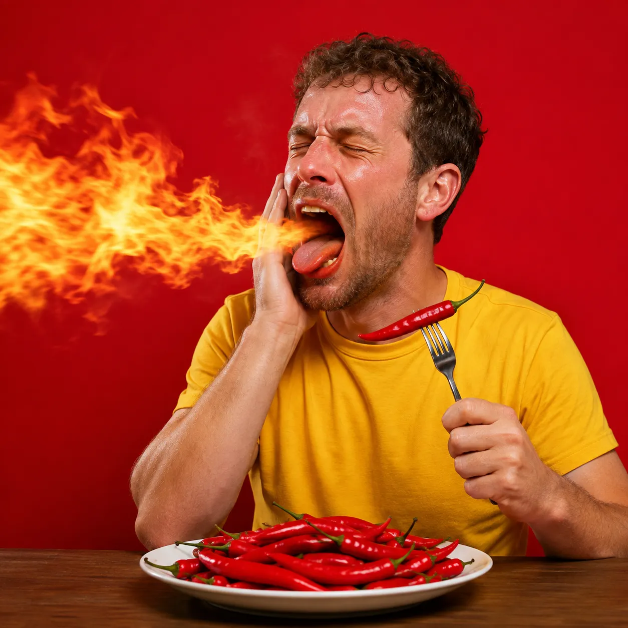 Illustrazione umoristica di un uomo che mangia peperoncini